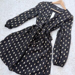 INC International Concepts Black Dress with Gold Dot Print — Wrap Tie Waist